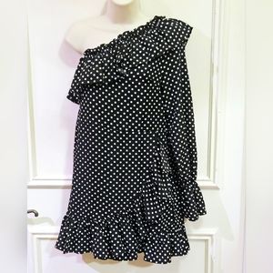 Nasty Gal Black & White Polka Dot One Shoulder Ruffle Mini Dress, Size 8